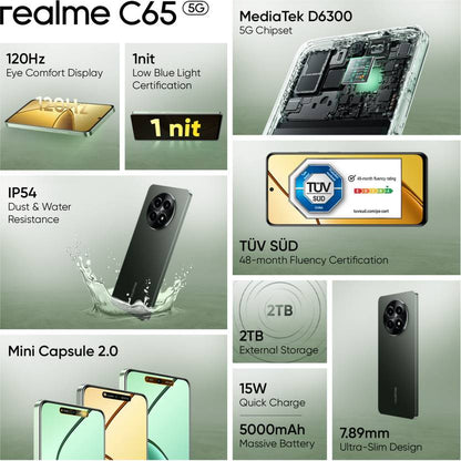 realme C65 5G – 6.5” Display, 4GB RAM | 64GB Storage, 5000mAh Battery, Dual Camera (Unlocked | Refurbished)