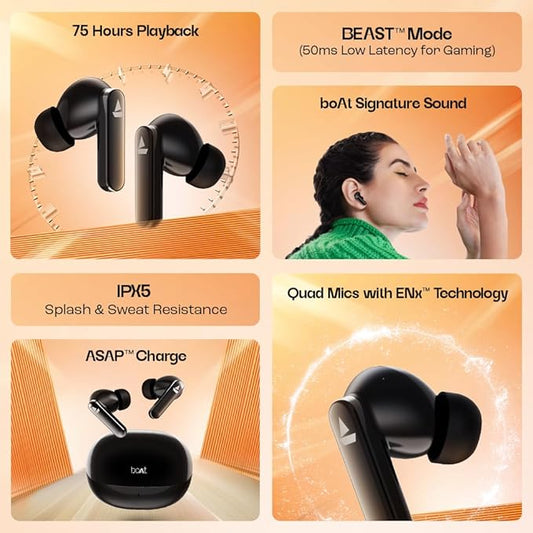 boAt Airdopes 301 TWS in Ear Earbuds, 75hrs Playtime, Quad Mics with ENx